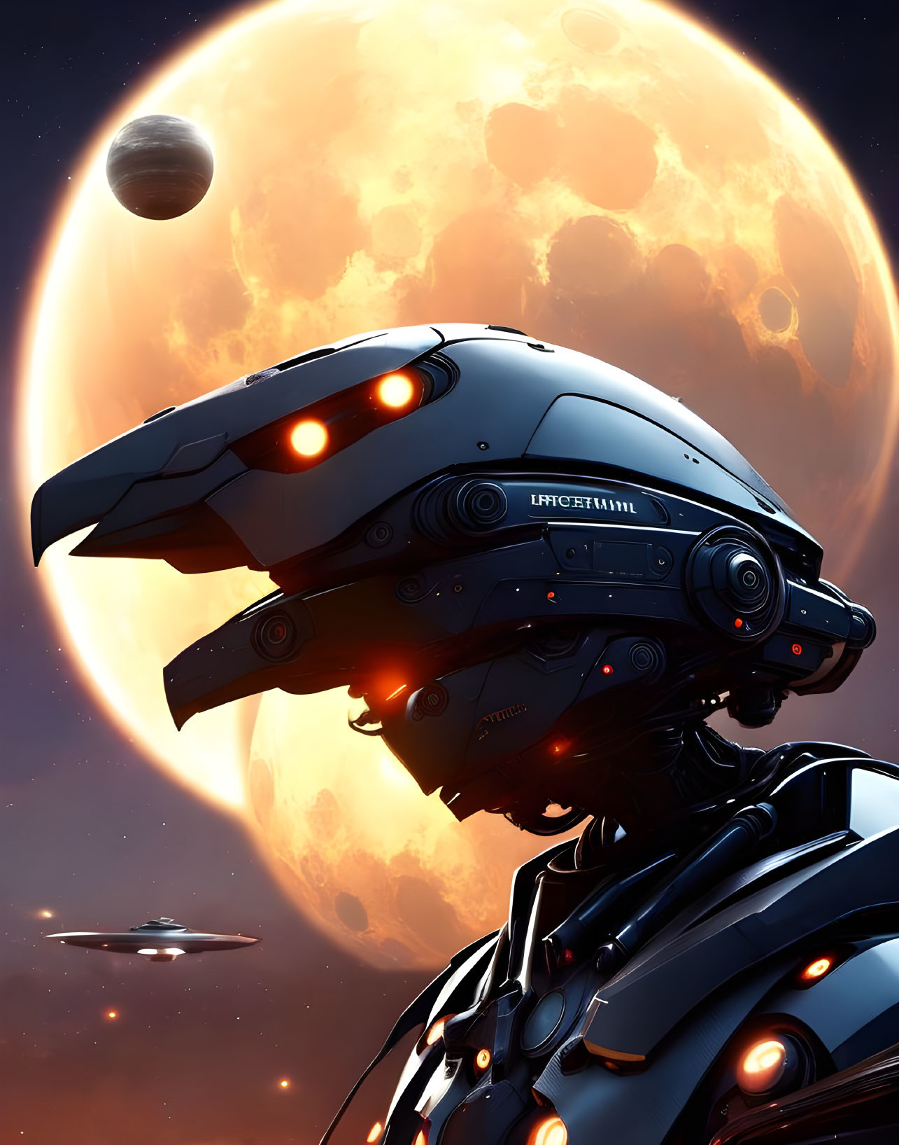 Detailed futuristic robot illustration with sleek design observing space scene.