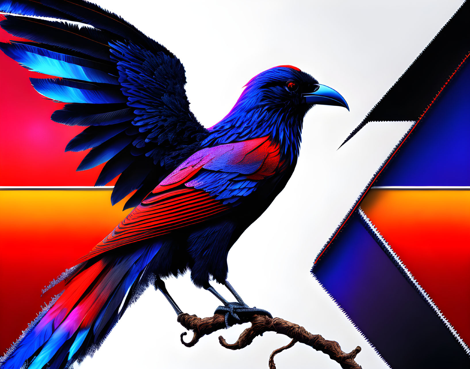 Colorful Bird Artwork on Geometric Background with Warm and Cool Color Gradients