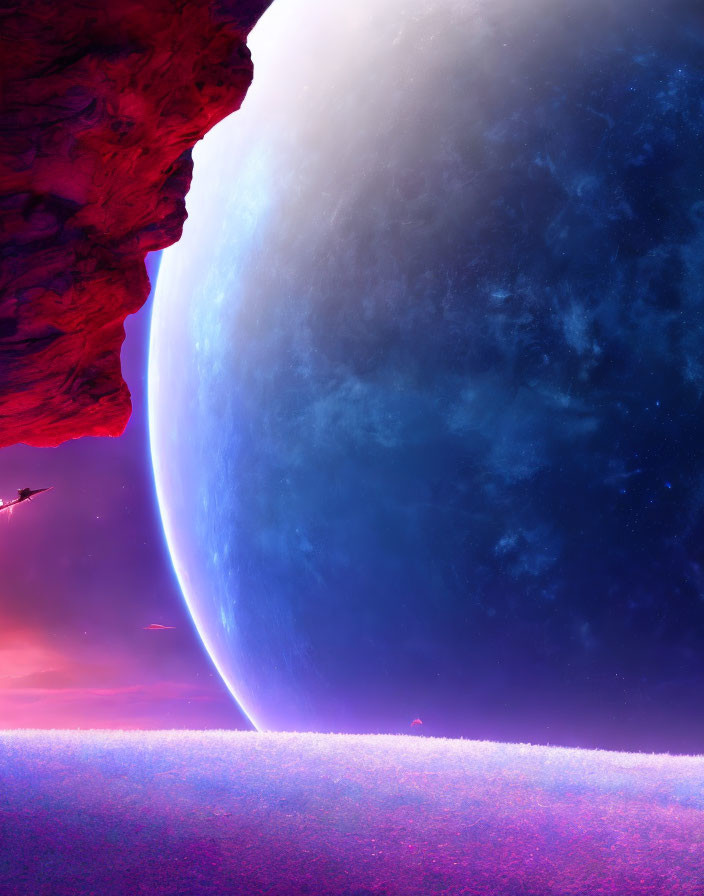 Magenta sky over alien planet in sci-fi landscape