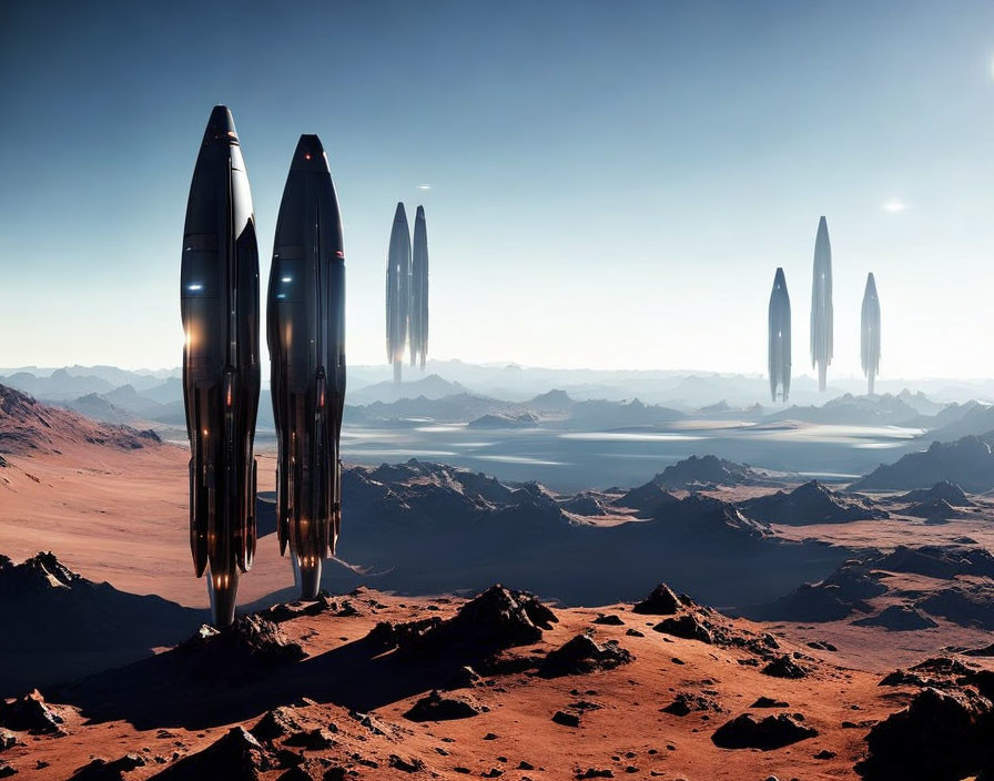 Futuristic structures on Martian landscape with mountains and water.