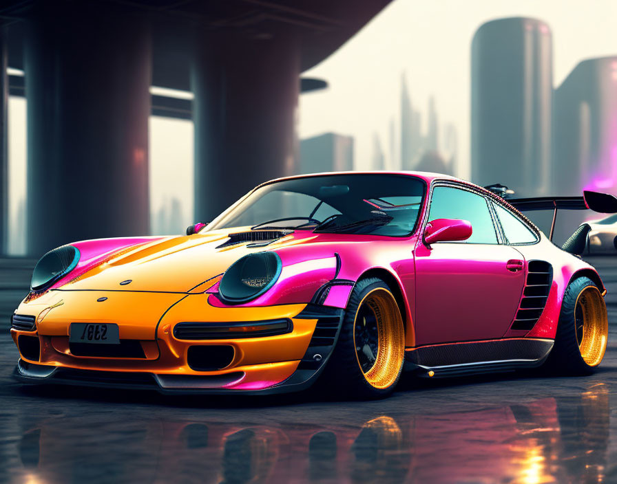 Pink and Yellow Sports Car with Golden Rims in Futuristic City Setting