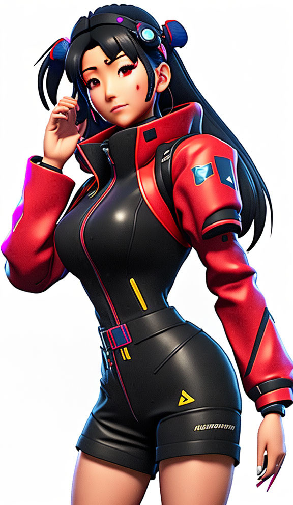 Stylized female animated character with black hair in double buns in futuristic red and black suit