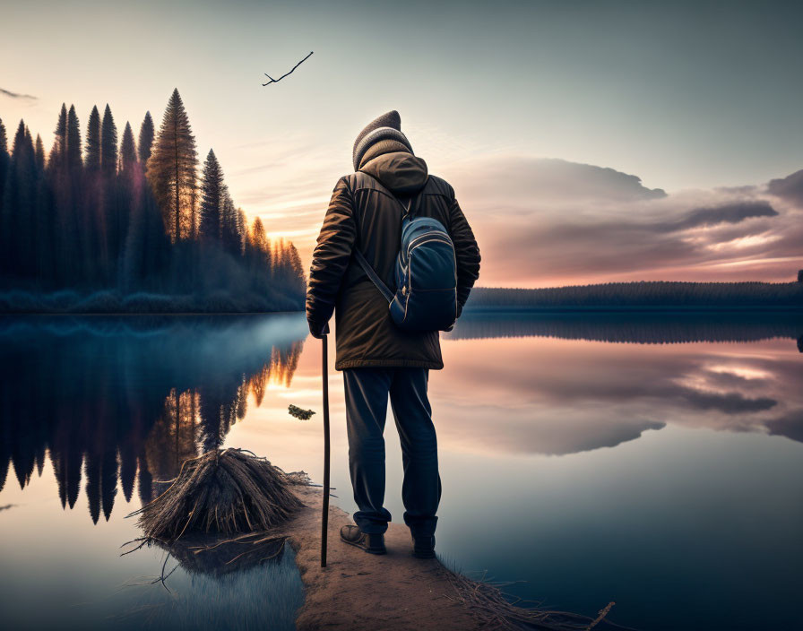 Hiker by serene lake at sunset with walking stick and backpack