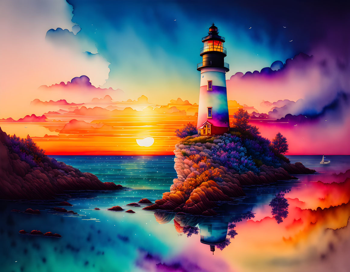 Colorful sunset lighthouse illustration with cliffs and foliage