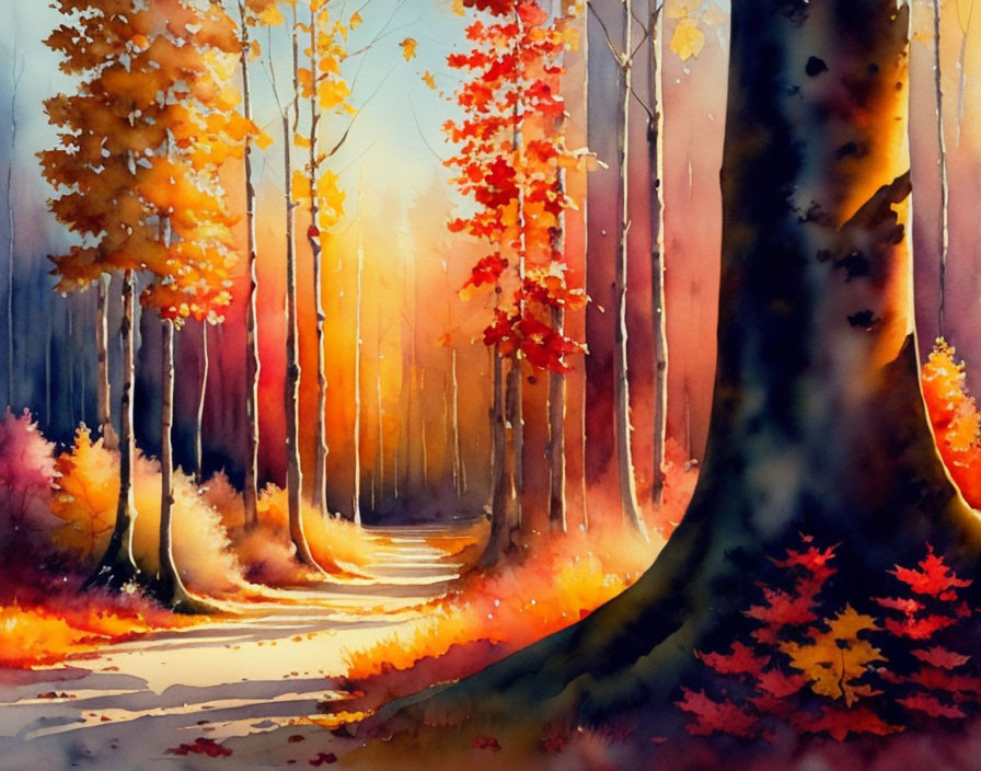 Autumn forest path watercolor painting with sunlight and shadows