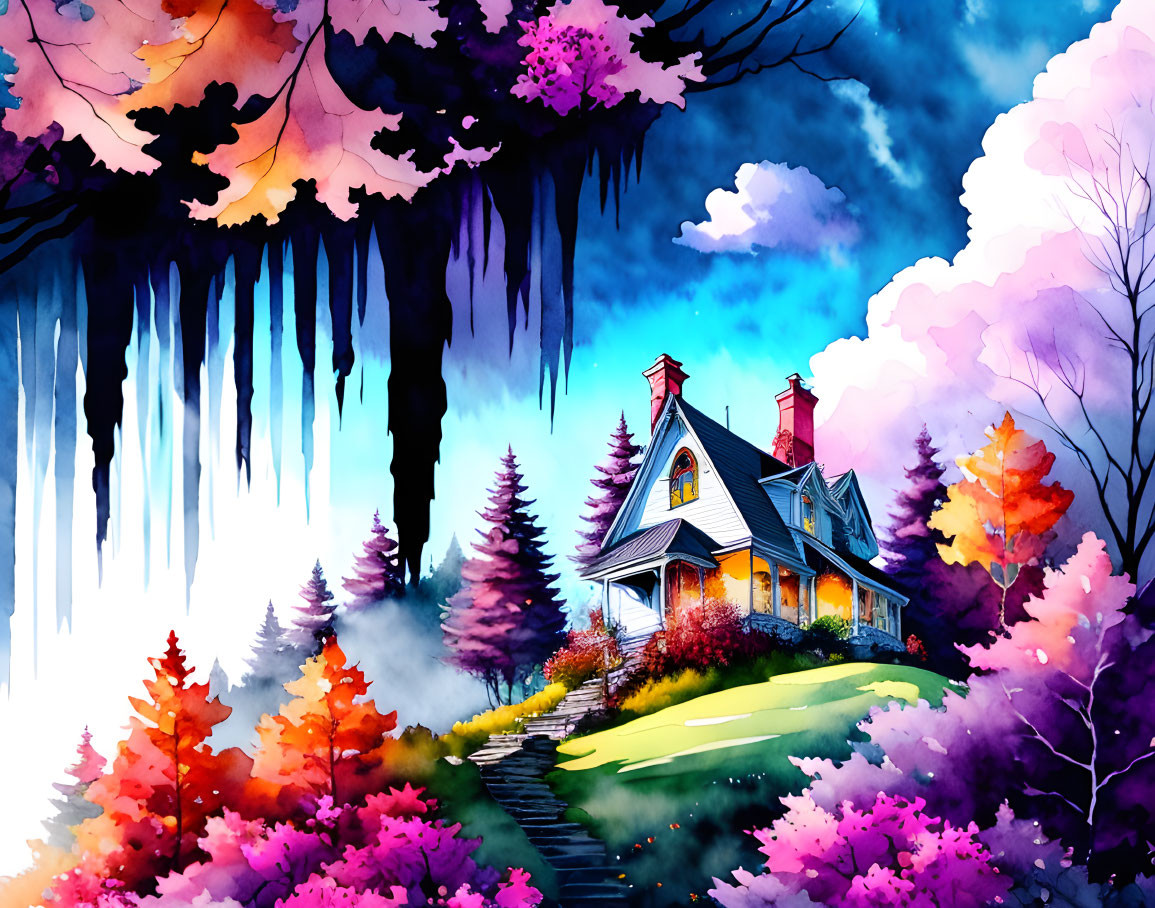 Colorful watercolor painting: quaint house in fall foliage with surreal purple sky.