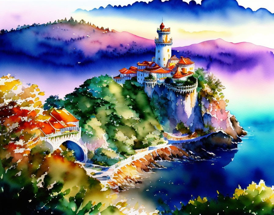 Colorful watercolor painting of a castle on a cliff with a bridge, surrounded by lush trees and