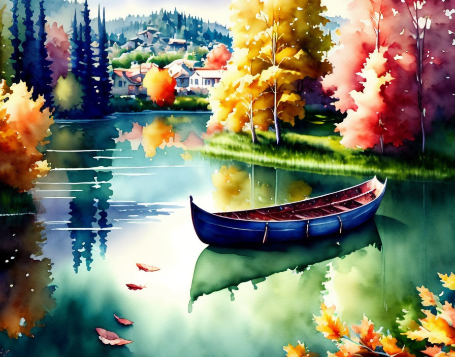 Serene watercolor painting of canoe on reflective lake