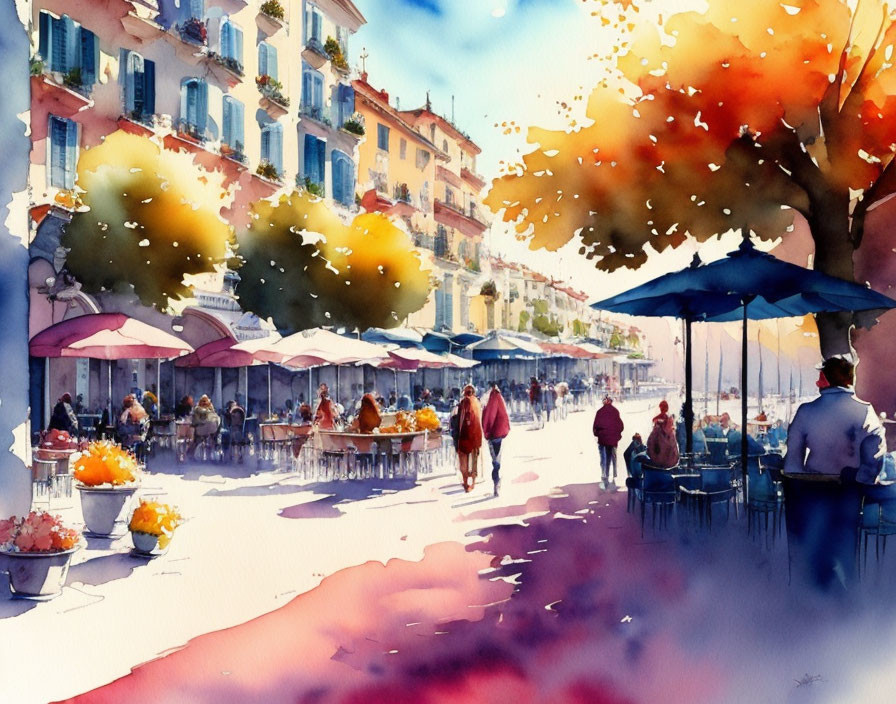 Colorful Watercolor Painting of Lively Street Scene with Umbrellas, Cafes, Buildings, and