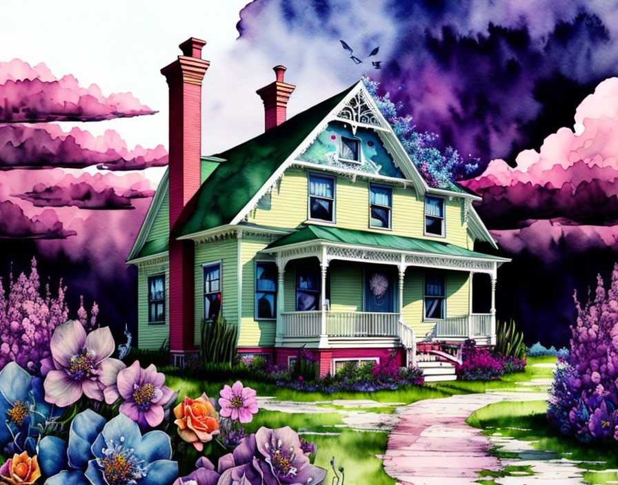 Victorian house illustration with vibrant flowers under purple sky