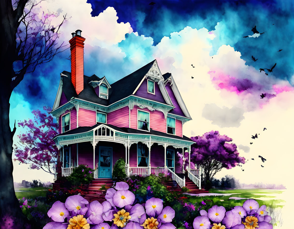 Colorful Victorian house illustration with surreal background and flying birds.