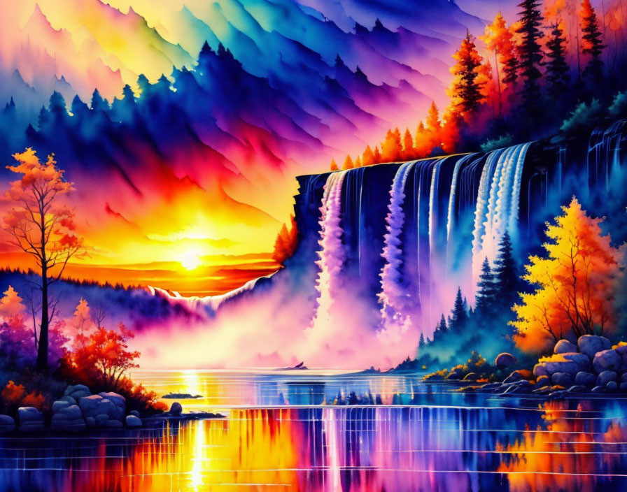 Scenic sunset waterfall painting with colorful trees and misty lake