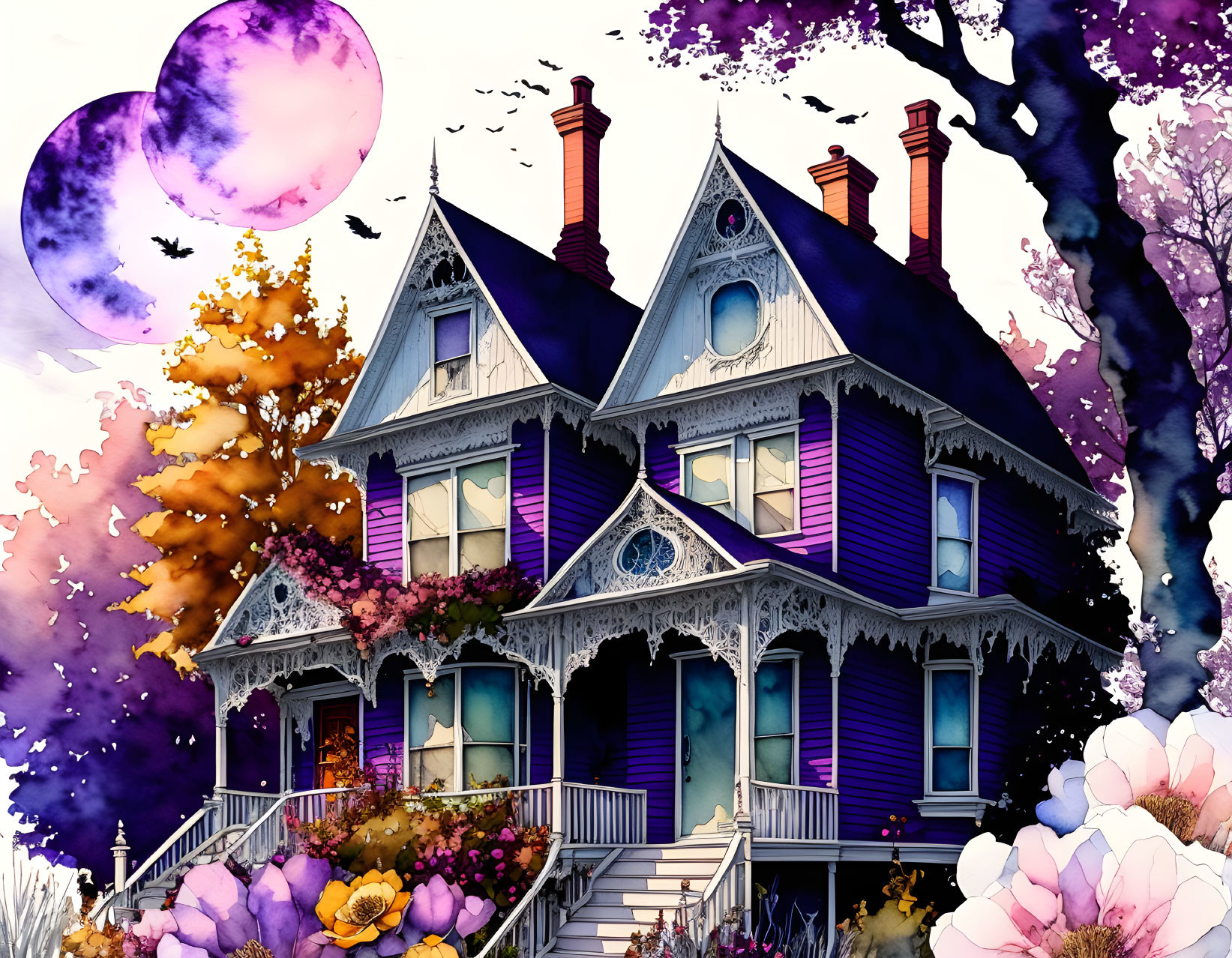 Gothic Victorian house illustration with purple hues and whimsical scenery