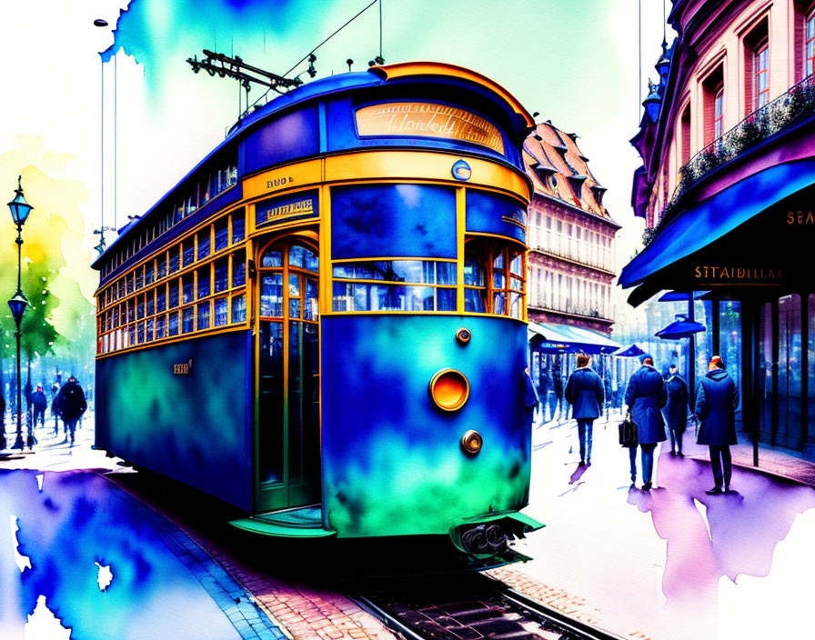 Colorful digital artwork: Blue and yellow vintage tram in city street scene