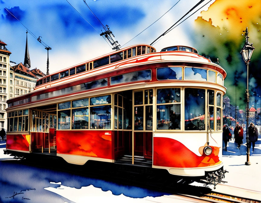 Colorful painting: red and white tram on city street with pedestrians and historic buildings under blue sky.