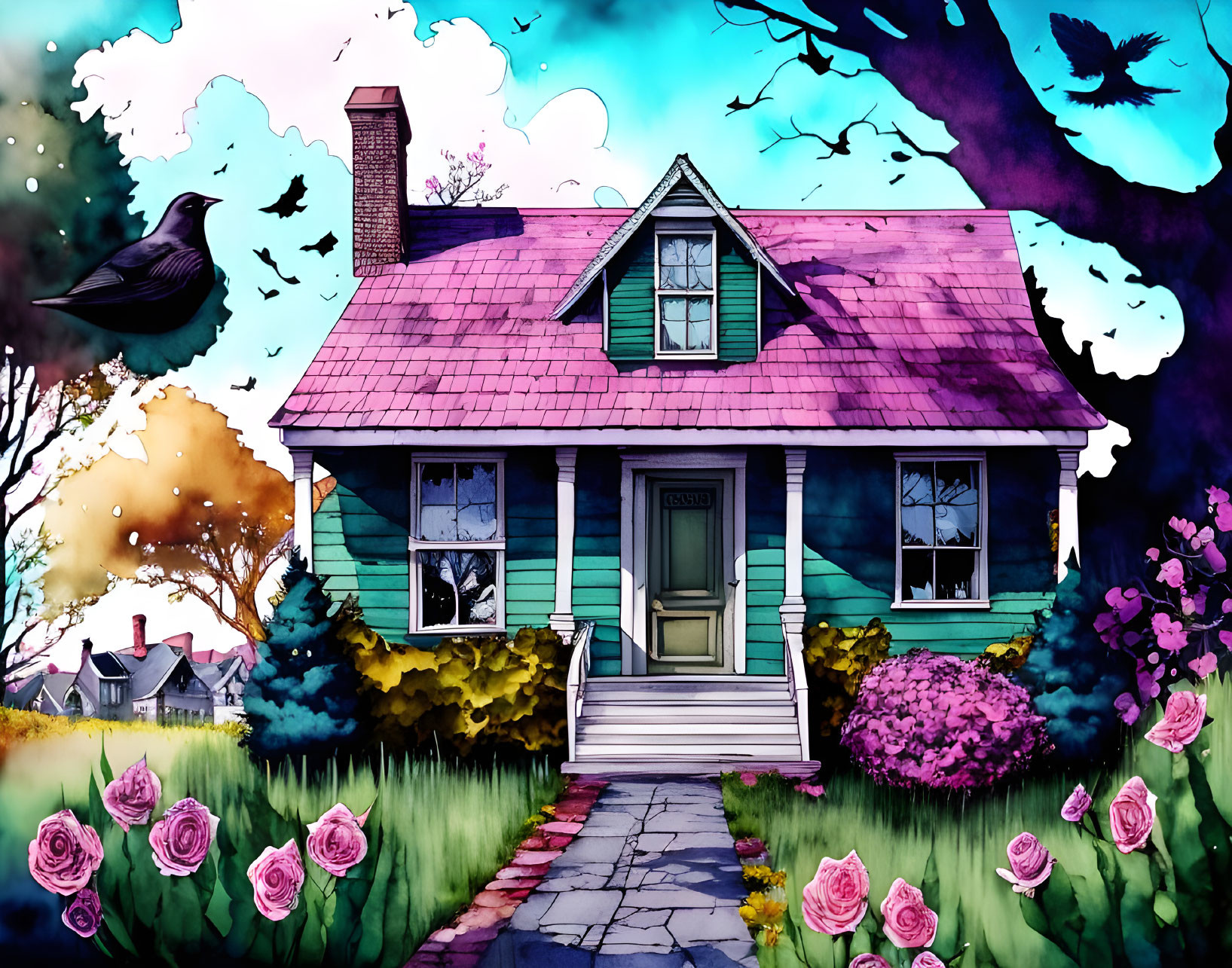 Colorful illustration: Quaint house with pink roof, surrounded by lush flowers, birds, and butterflies