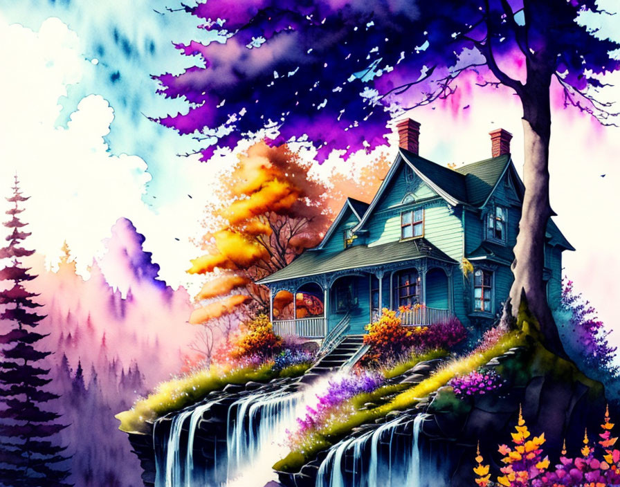 Victorian house on cliff with waterfall, autumn trees, sunset sky