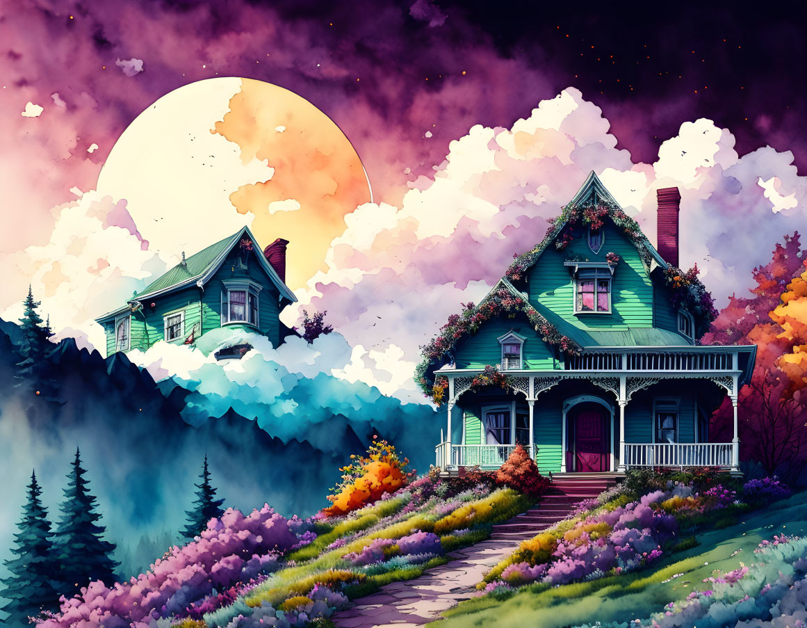 Vibrant Victorian houses in misty nature under purple moon