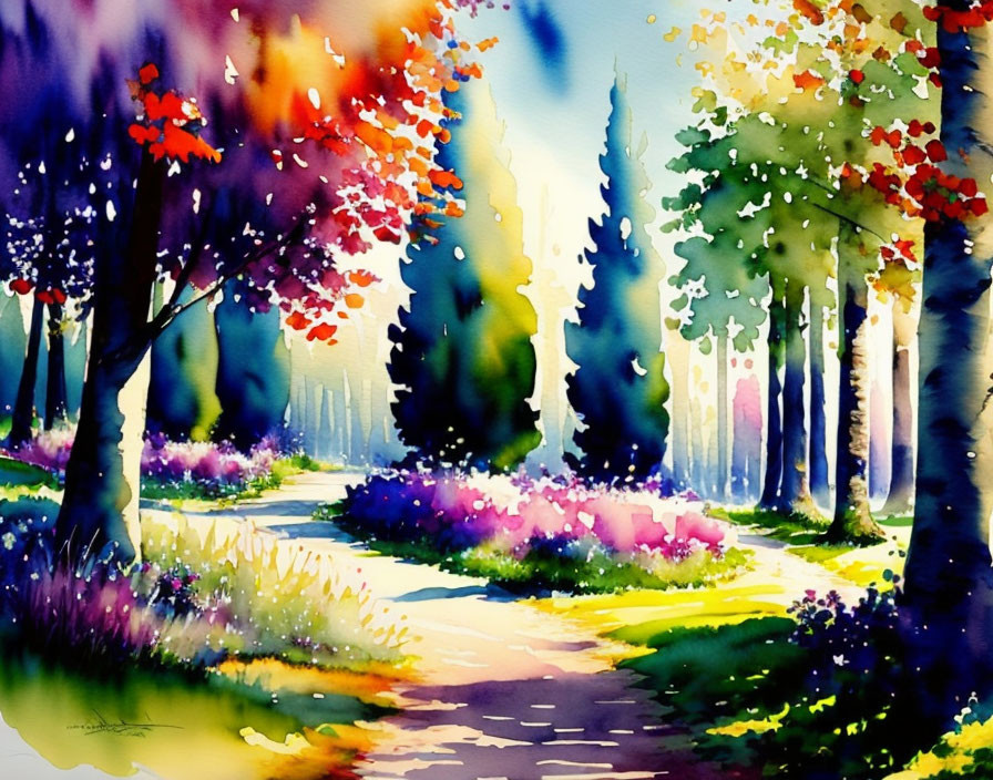 Colorful Watercolor Painting: Sunlit Forest Pathway