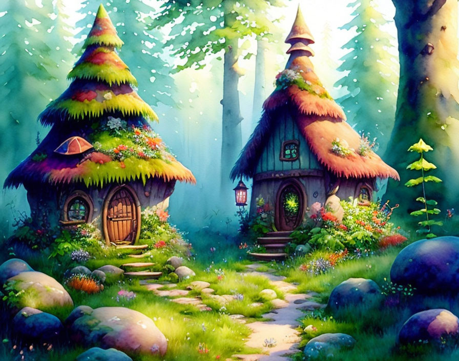 Enchanted forest clearing with whimsical cottages