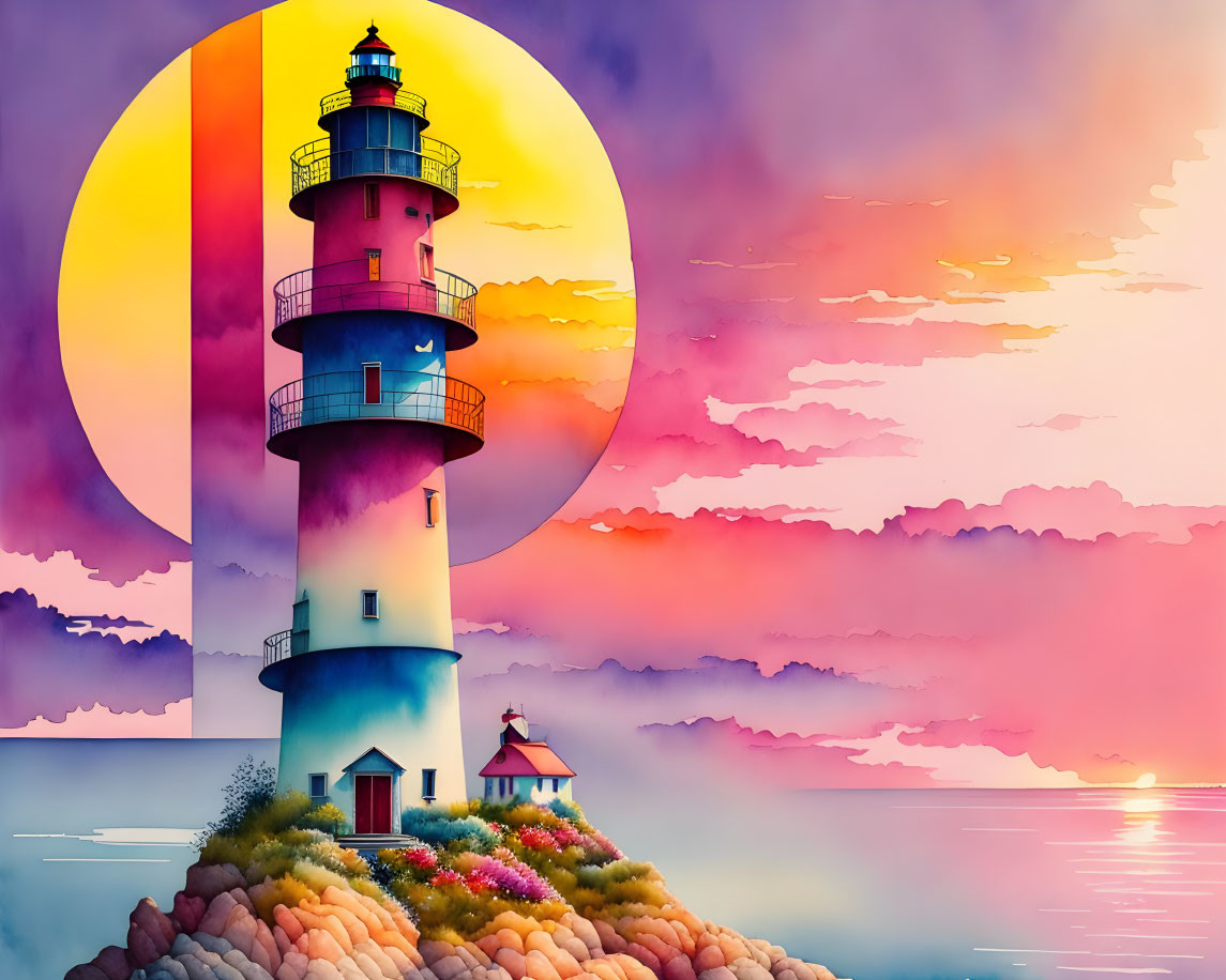 Lighthouse by the Sea: Day and Night Split Circle Artwork