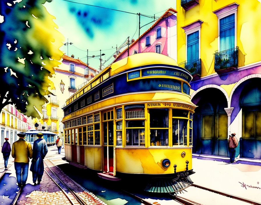 Colorful watercolor painting of yellow tram on vibrant street