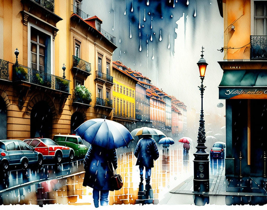 Vibrant street scene with pedestrians, umbrellas, vintage cars, and rainy atmosphere