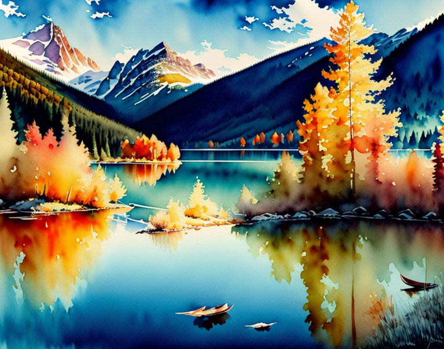 Vibrant autumn trees and serene mountain lake in watercolor art