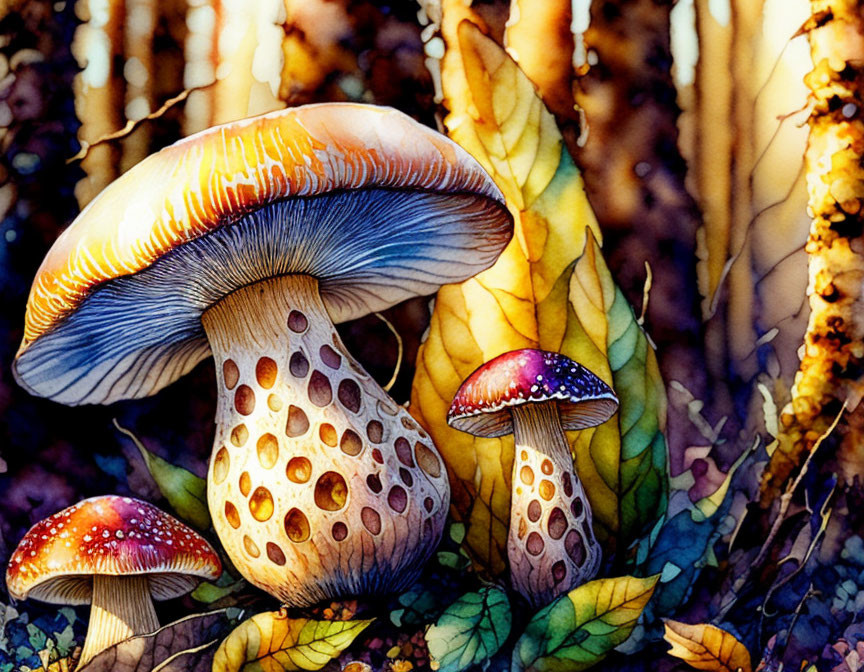 Colorful Mushrooms and Leaves in Fantasy Forest Setting