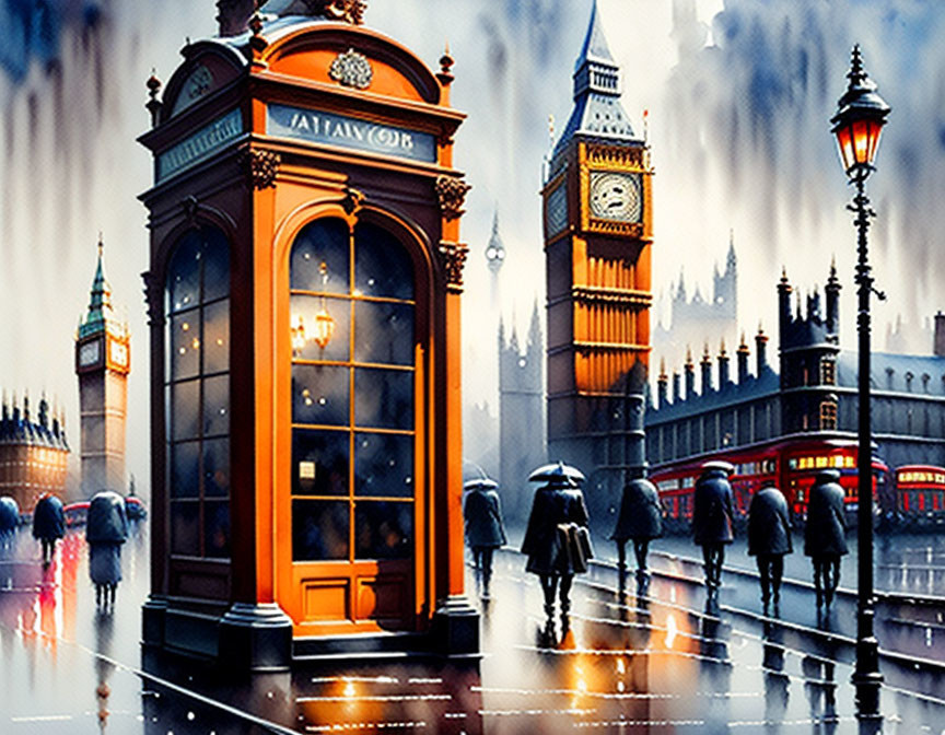 Pedestrians with umbrellas near Big Ben in rainy London.