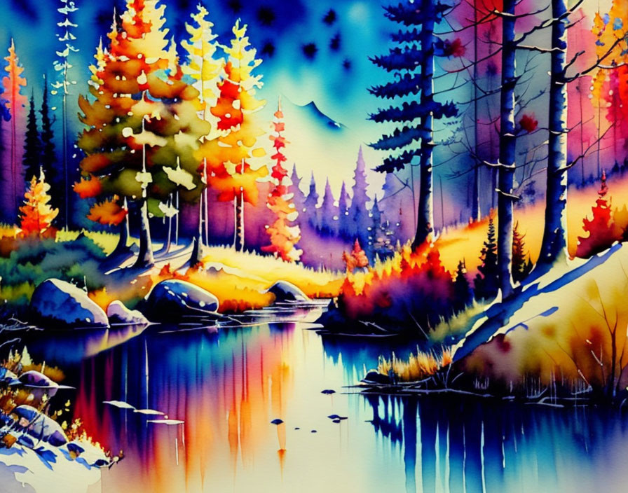 Scenic forest watercolor: autumn trees, river, twilight sky