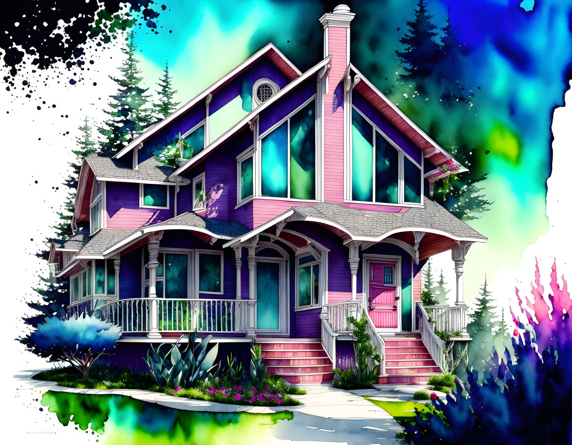 Colorful Two-Story Purple House with Pink Accents and Greenery