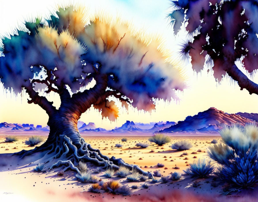 Colorful Watercolor Painting: Twisted Tree in Desert Landscape