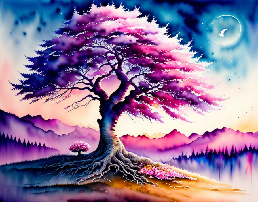 Vibrant painting of a pink foliage tree under a crescent moon