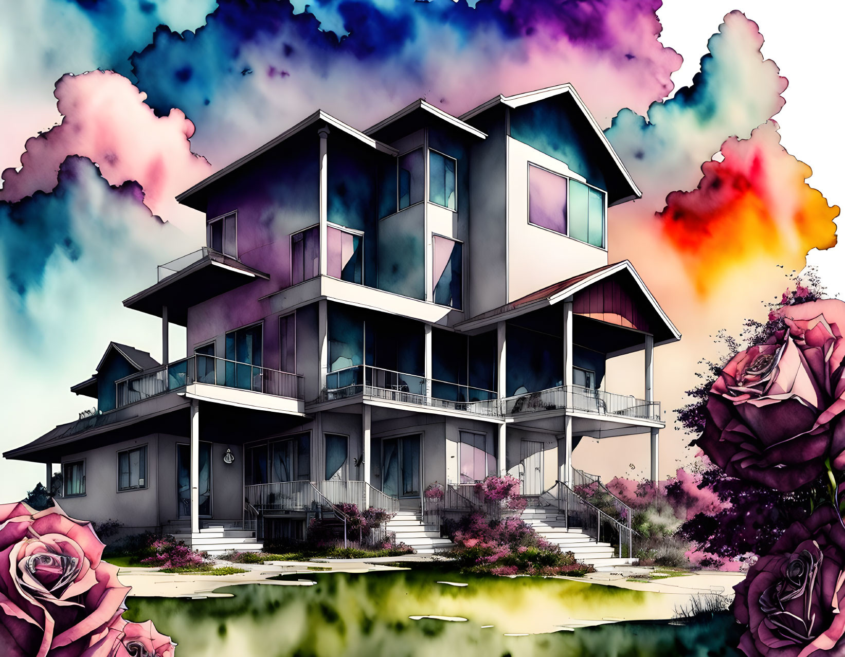 Modern two-story house with large windows, colorful clouds, and oversized roses.