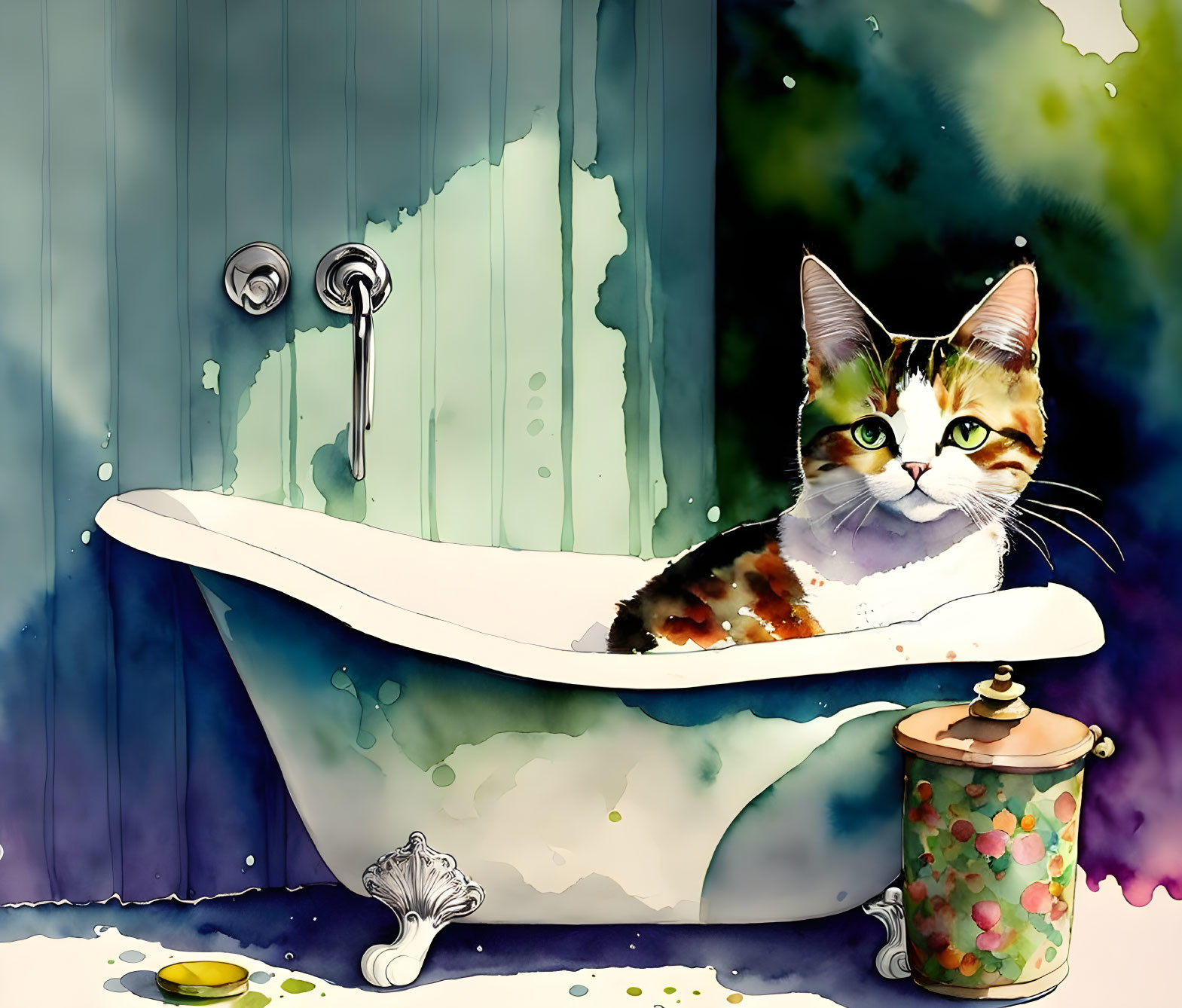 Vibrant calico cat in bathtub with whimsical blue-green background