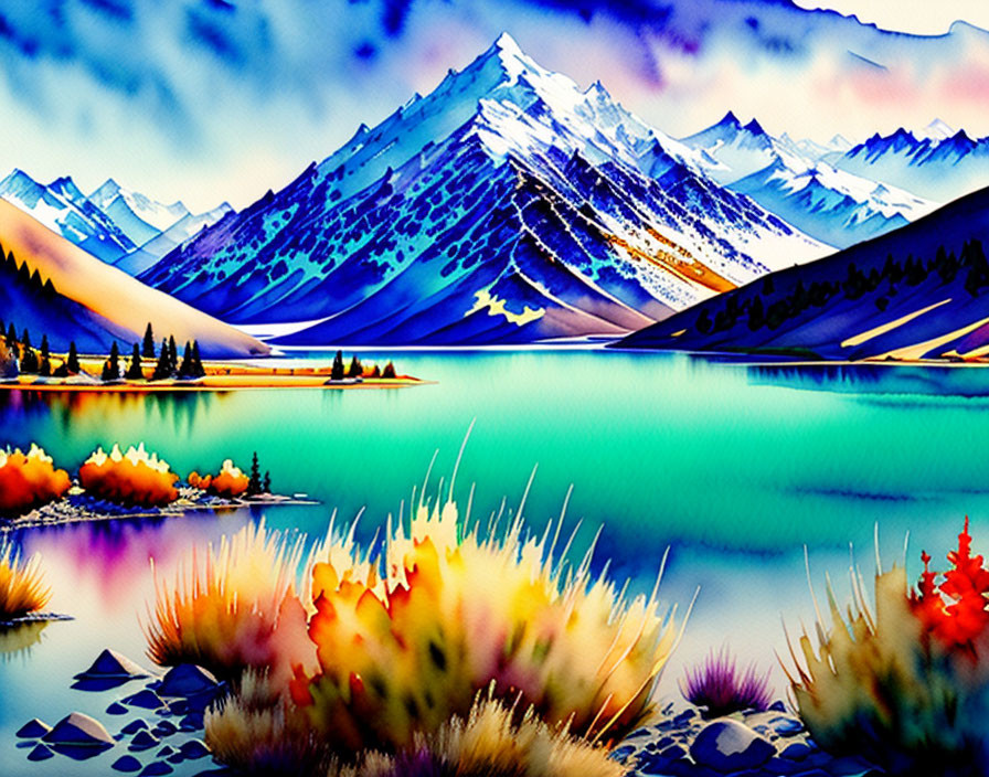 Colorful mountain landscape with blue lakes and snow-capped peaks