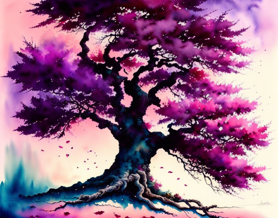 Colorful painting of a twisting tree with vibrant purple-pink foliage