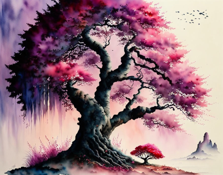 Vibrant tree painting with pink leaves, twisted trunk, smaller trees, misty mountain.