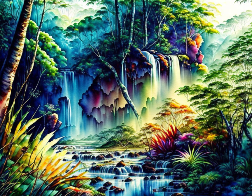 Tropical waterfall painting with lush foliage and vivid colors