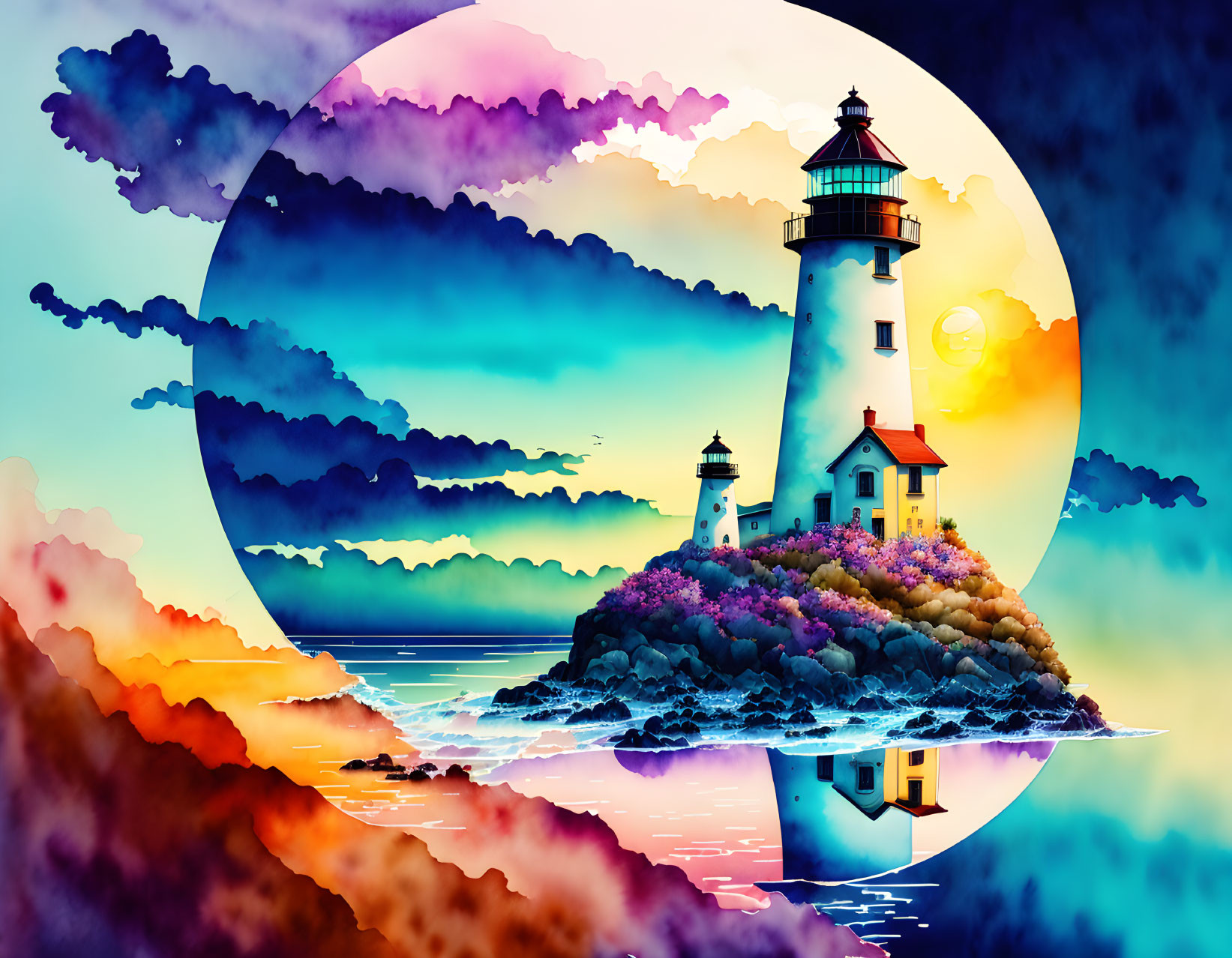 Colorful Sunset Lighthouse Painting with Vibrant Sky and Sea