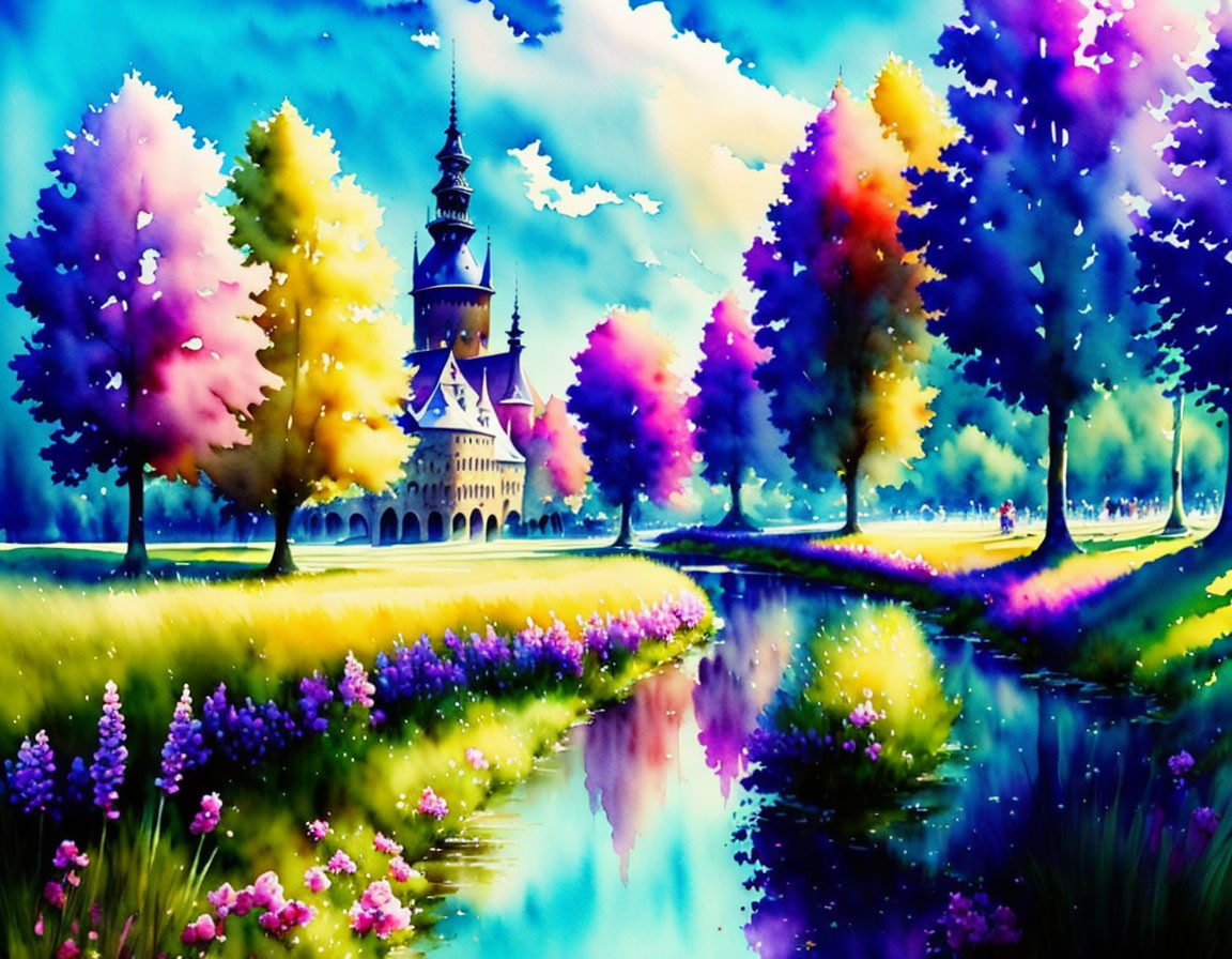 Colorful Watercolor Painting of Whimsical Castle and River