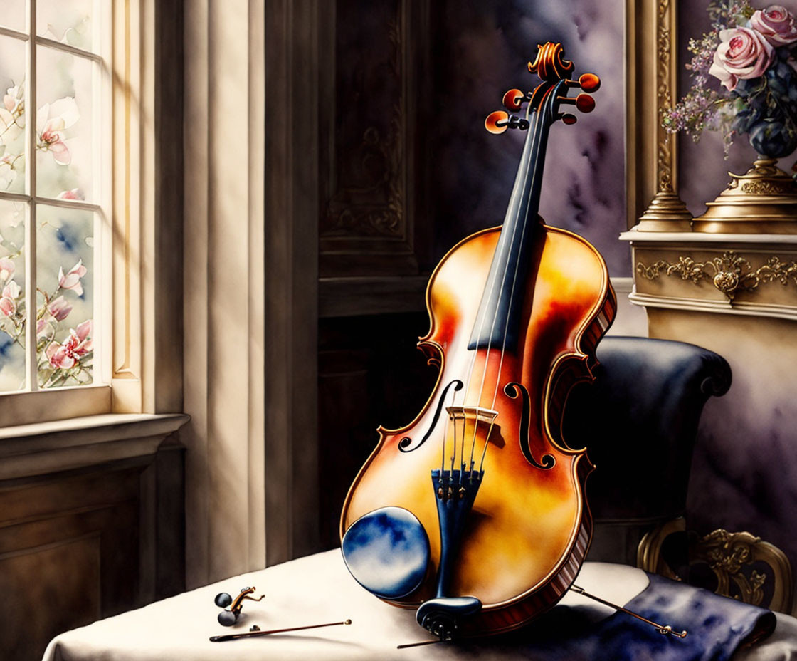 Classical violin and bow on table with flowers in warmly lit room