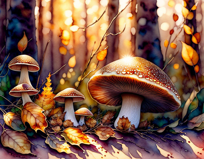 Golden mushrooms with dewdrops in autumn forest setting