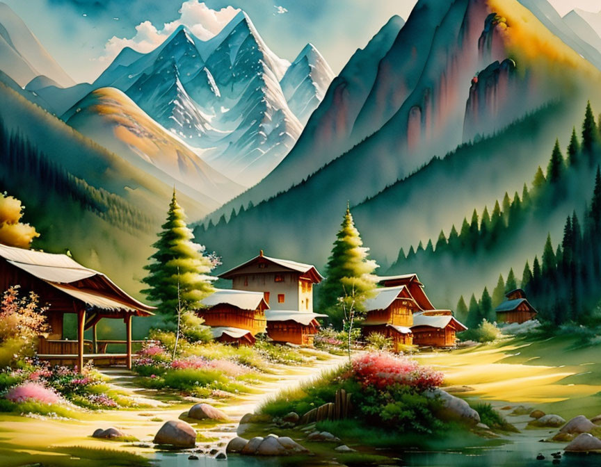 Tranquil valley with cozy houses, lush greenery, vibrant flowers, winding path, and towering