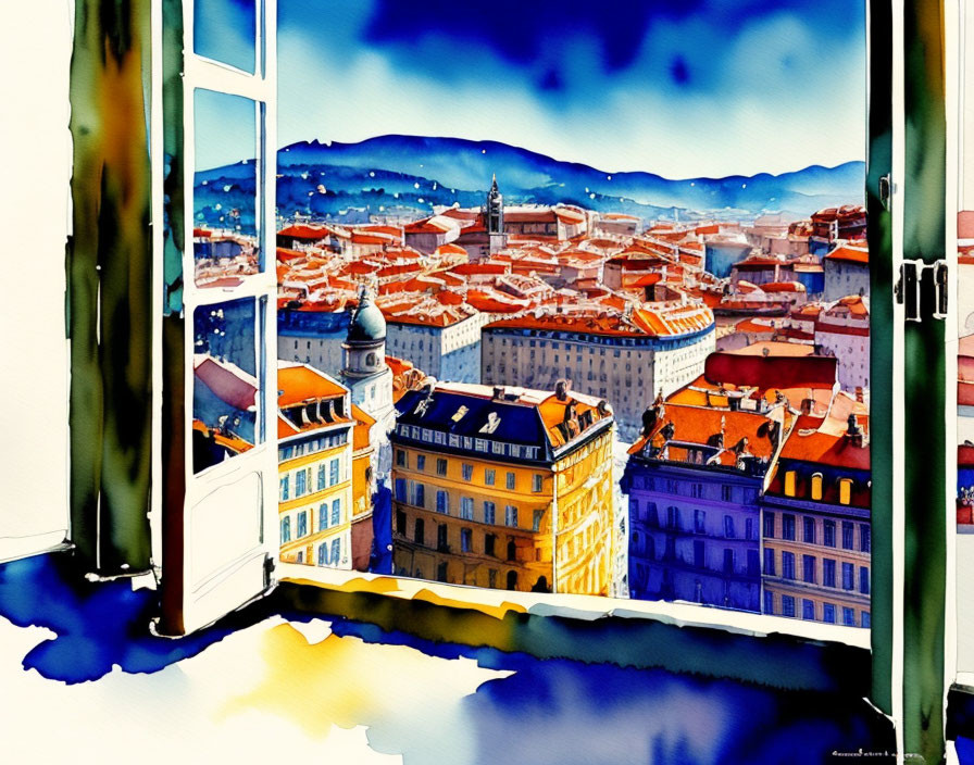 Colorful Watercolor Painting of Cityscape from Open Window