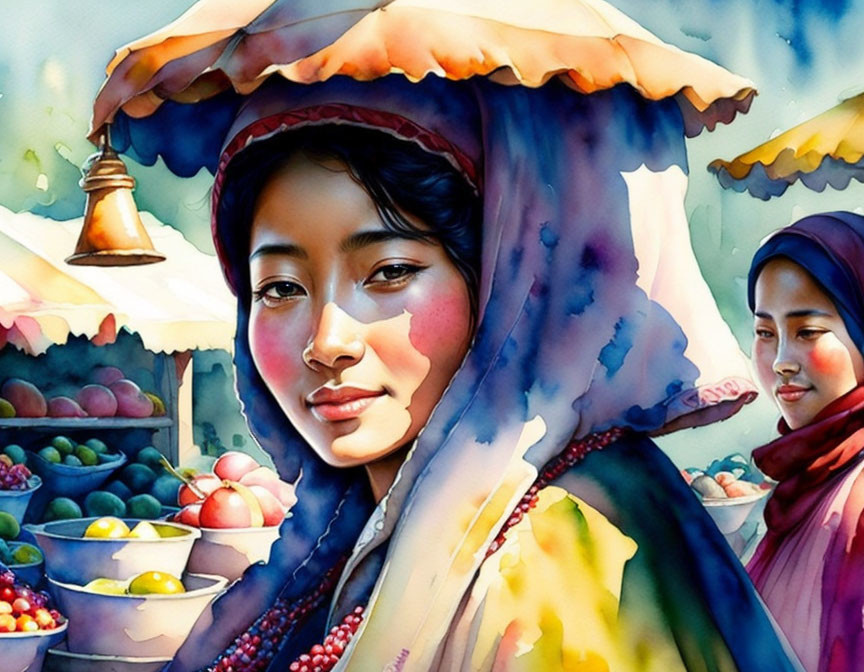 Colorful Watercolor Painting of Two Women in Market Setting