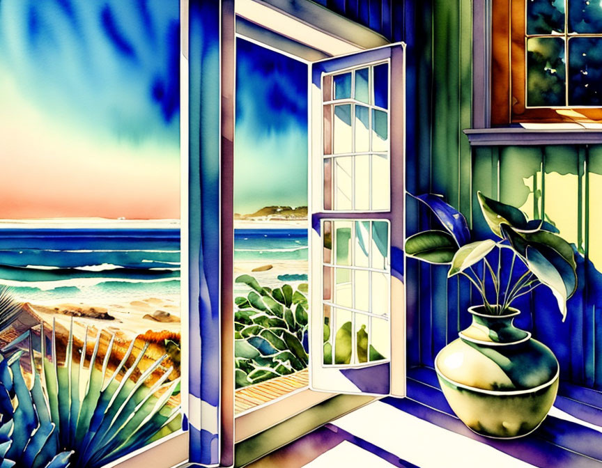 Serene beach scene with open window and potted plant