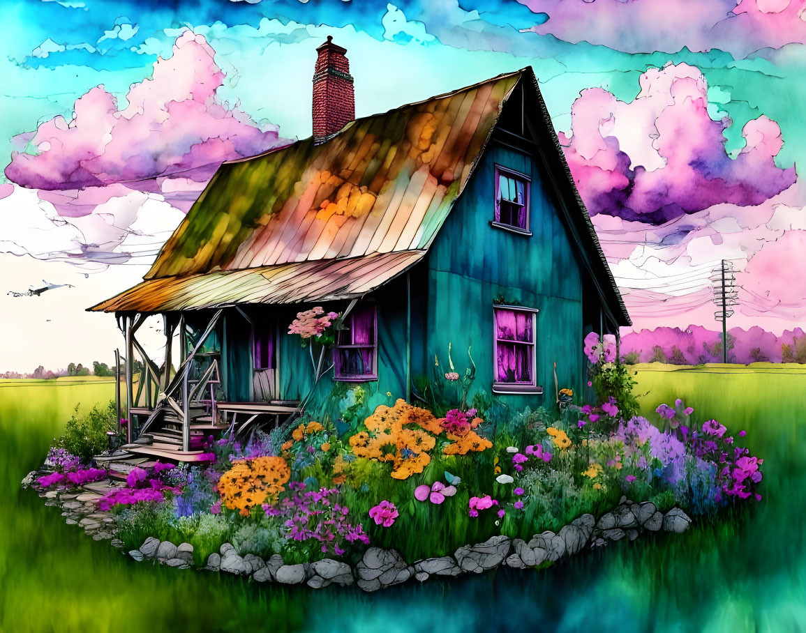 Colorful illustration of quaint blue house with wildflowers and pastel clouds