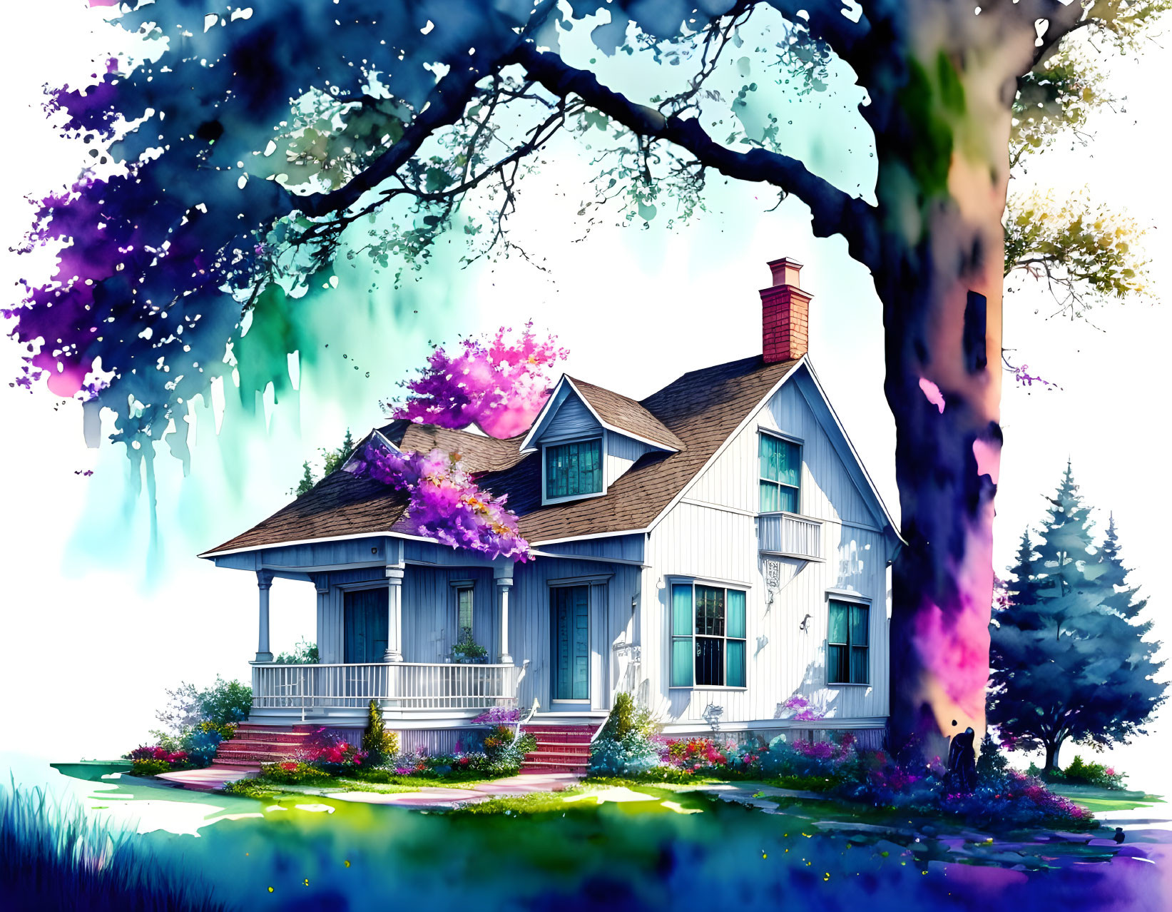 Colorful illustration: White house, red chimney, lush greenery, flowers, purple trees